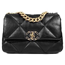 Chanel Women's Flap Bag Lambskin Handbag Medium Gold Black Black