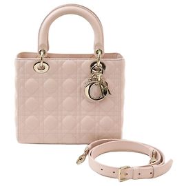 Lady Dior Médio Couro de Cordeiro Rosa Claro com Ferragens Douradas Rosa