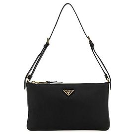 Prada Bolso de hombro de cuero negro con estampado: Negro