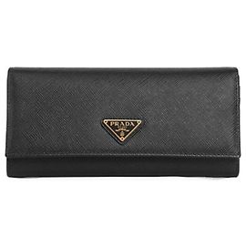 Prada Saffiano Triangle Leather Flap Long Wallet QHH Black