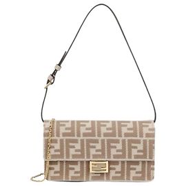 Fendi Bolsa de Ombro Baguette com Corrente Bege AUNJ Marrom