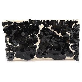 Prada Beige Satin Black Sequin Flower Embellished Clutch Brown