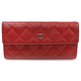 Chanel Red Caviar Silver CC Logo Classic Timeless Flap Long Wallet (No. Red