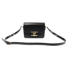 Céline Sac à épaule Triomphe en cuir de veau noir brillant avec finition dorée Noir