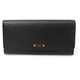 Fendi Carteira longa com aba continental em couro preto e botões dourados Preto