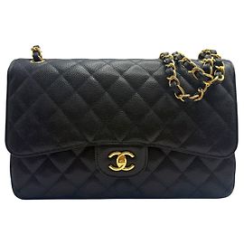 Chanel Borsa a spalla Caviar Classic grande nera e oro Nero