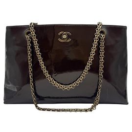 Chanel Patent Chain Shoulder Bag Brown Brown