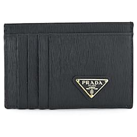 Prada Card Wallet Black Leather Triangular Logo Luxury Gift Black