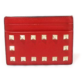Valentino Red Calfskin Rockstud Cardholder Red