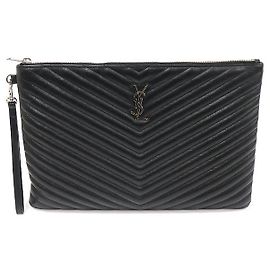 Saint Laurent Document Holder Strap Clutch in Black Matelassé Monogram Black