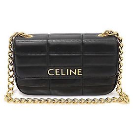 Céline Bolsa de ombro matelassé monocromática em pele de cabra preta com corrente dourada Preto