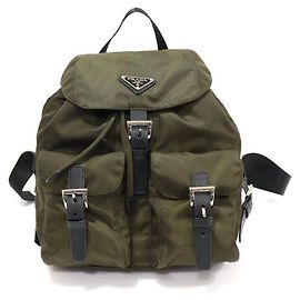 Prada Khaki Nylon Pocono Silver Triangle Small Bella Backpack Brown