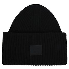 Acne Schwarze Wollmütze mit großem Logo Schwarz