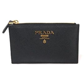 Prada Black Saffiano Multi-Color Gold Lettering Zipper Card Holder Black