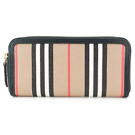 Burberry Stripe Long Wallet ELLERBY Black Leather Canvas Zip Round Luxury Long Wallet Black
