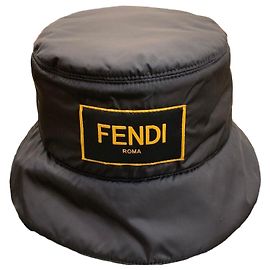 Fendi Square Yellow Logo Nylon Bucket Hat Black Black
