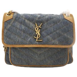 Saint Laurent Borsa a Spalla Niki Medium in Denim con Rifinitura in Suede e Catena Blu