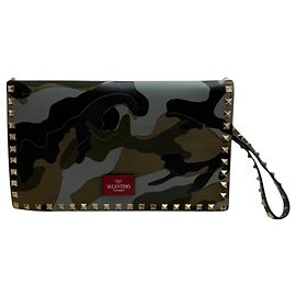 Valentino Rockstud Napa Canvas Camouflage Clutch Brown