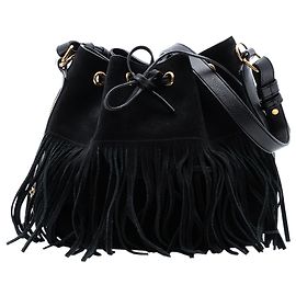 Borsa a secchiello Emmanuelle piccola in suede nero con frange di Saint Laurent Nero