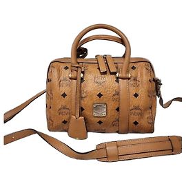 MCM Visetos Signature Leather Boston Bag Cognac Cognac