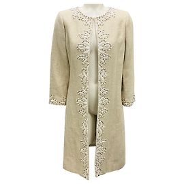 Oscar de la Renta Beige Embroidered and Embellished Linen Coat Beige