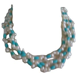 Autre Marque Colar Choker de Pérolas Turquesa e Brancas Banhado a Ouro Turquesa