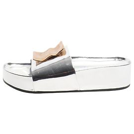 Tory Burch Silver Patos mismatched platform slides - size EU 39 Silvery