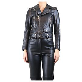 Saint Laurent Schwarze bedruckte Bikerjacke aus Leder - Größe UK 10 Schwarz