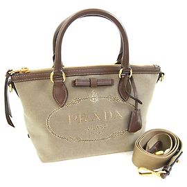 Prada Handbag 1BA111 Brown Beige Leather and Canvas Brown Beige