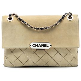 Chanel Sac en Suède Matelassé Marron avec Étiquette Rétro Marron Beige