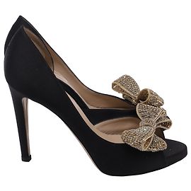 Valentino Garavani Valentino Crystal Bow d'Orsay Open-Toe Pumps in Black Satin  Black