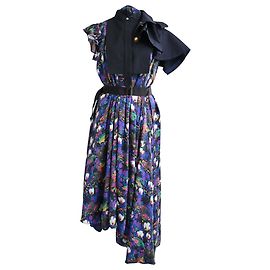Sacai Floral-Print Belted Asymmetric Midi Dress in Multicolor Polyester Multiple colors