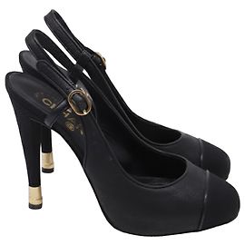 Chanel Cap-Toe Slingback Platform Pumps in Black Leather Black