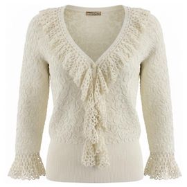 Weißes Soutache Stretch Viskose-Top aus der Michael Kors Kollektion mit handgehäkeltem Besatz Beige