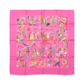 Lenço de seda Hermès Carré 90 "Din tini ya Zue An" em rosa Rosa