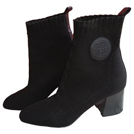 Botines Hermès Negros de Chenilla y Piel Negro