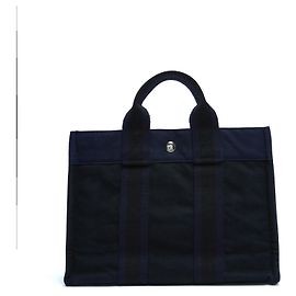 Hermès Herline Toto PM Schwarze Marine Baumwoll-Canvas Handtasche Schwarz Marineblau