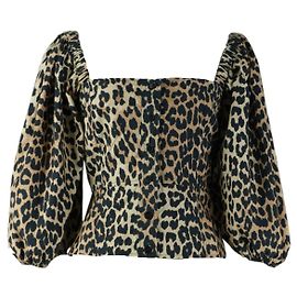 Top corto de hombros abullonados con estampado de leopardo Ganni Multicolor