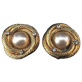 Brincos de clip em círculo de pérola falsa vintage CHANEL Dourado