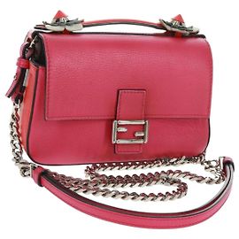 FENDI Chain Double Micro Baguette Shoulder Bag Leather Pink Silver Auth bs32459V Silvery Pink