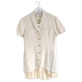 Conjunto de saia e blazer em linho e seda vintage Chanel dos anos 1980 Creme