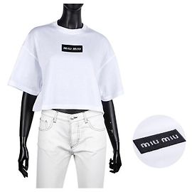 Miu Miu Kurzärmeliges, glitzerndes Logo-Cropped-T-Shirt Weiß
