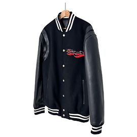 Balmain Men's Wool Leather Teddy Varsity Blouson Jacket Black