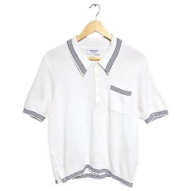 Thom Browne Open Waffle Stitch Short Sleeve Polo Shirt White
