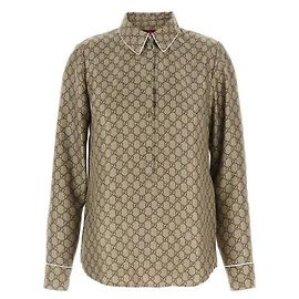 Gucci Camisa de seda impressa em twill Marrom