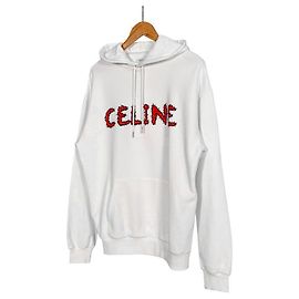 Céline Hoodie de moletom de algodão com strass off white Branco