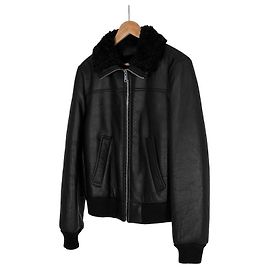 Prada Men's Triangle Logo Shearling Trimming Leather Bomber Mustang Jacket Black Black