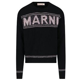 Marni Schwarzer Wollpullover mit Maxi-Logo-Intarsien Schwarz