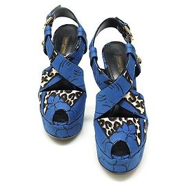 Louis Vuitton Sandali da donna con piattaforma e motivo leopardato in tessuto blu e fiore Blu