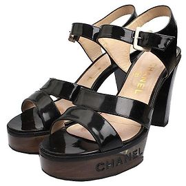 Chanel Black Patent Logo Platform Sandals Black